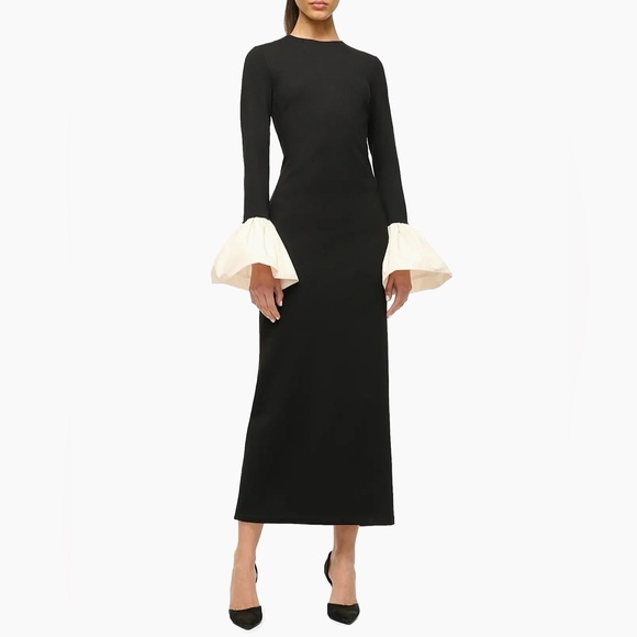 STAUD Hawthorne Black Cream Bell Sleeve Maxi formal holiday Dress NWOT large - Picture 11 of 13